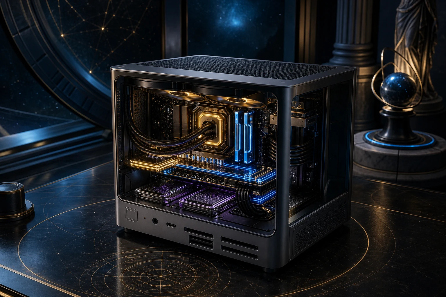 Conceito ARTE NEXUS de uma CASE GAMER compacta, transparente e iluminada em azul, violeta e dourado.