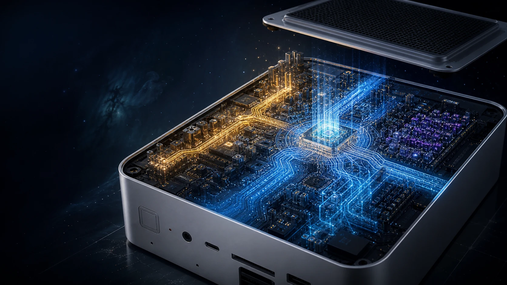 ARTE NEXUS de um chip de inteligência artificial atravessado por caminhos luminosos de elétrons