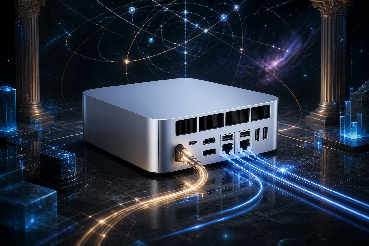 Interpretação ARTE NEXUS da traseira do mini-PC com caminhos luminosos de energia e rede.