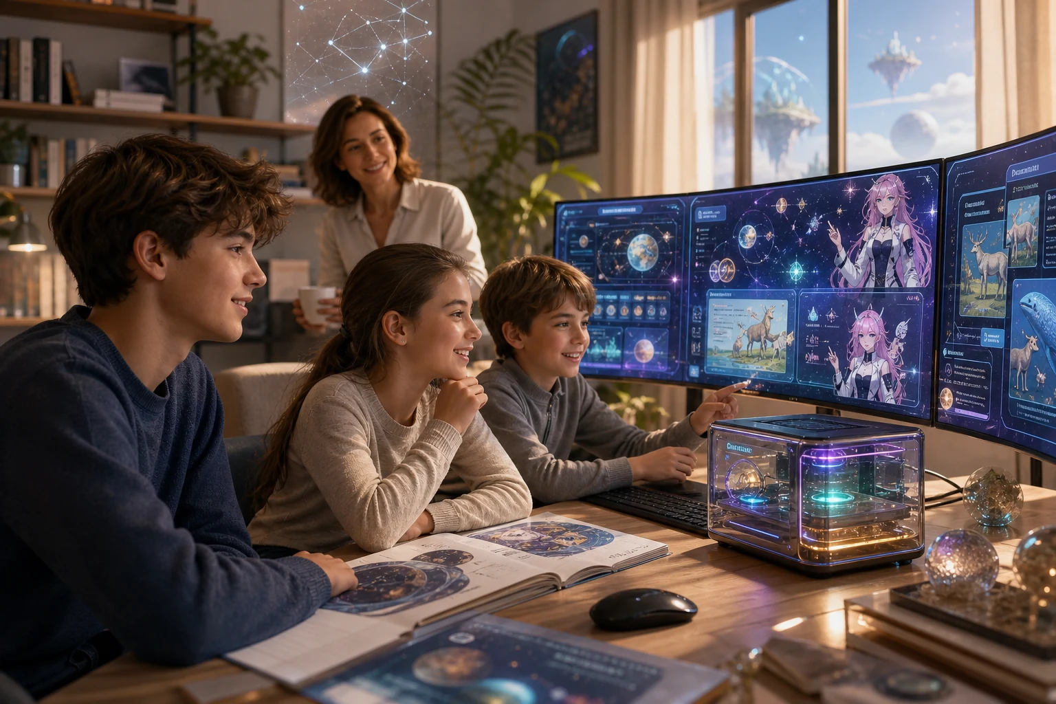 Crianças e adolescente estudam juntos diante de uma interface cósmica NEχUS KID, acompanhados por uma pessoa adulta.