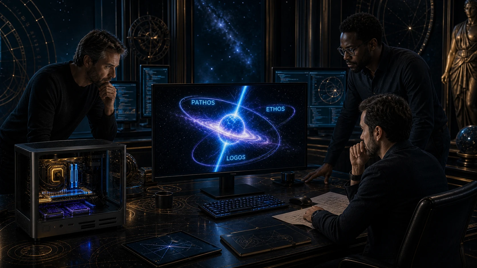 Três profissionais adultos trabalham diante de uma estrela PULSAR com PATHOS, ETHOS e LOGOS em órbita.
