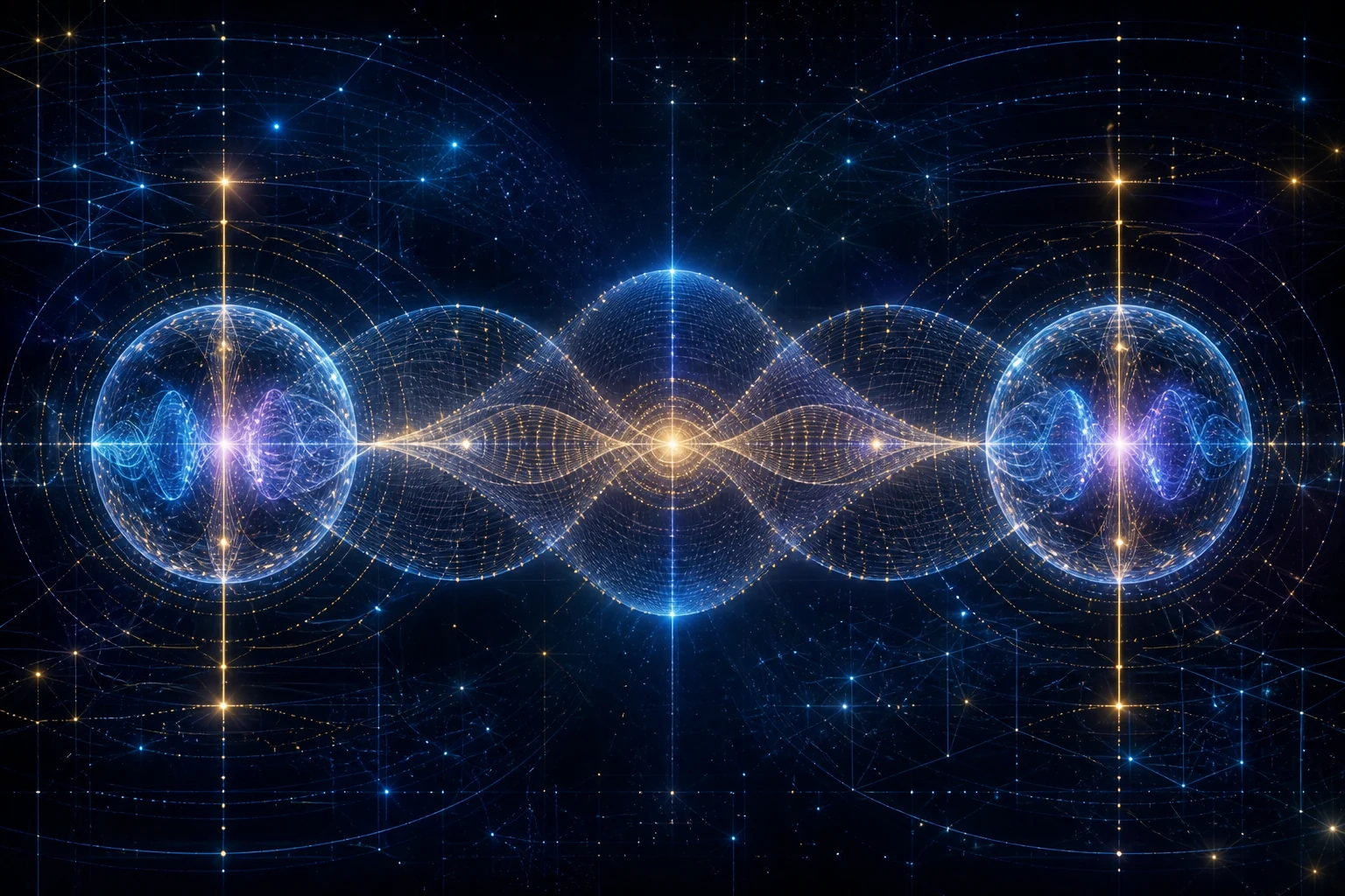 Duas estruturas quânticas cristalinas separadas, unidas visualmente por um padrão comum de correlações e interferência.