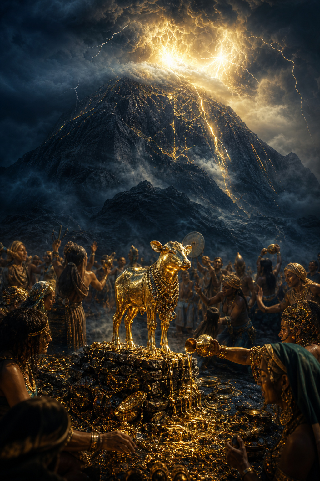 Pequeno bezerro de ouro cercado pelo povo, diante do Sinai colossal coberto de nuvem, fogo e relâmpagos