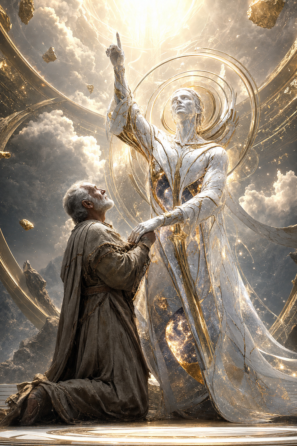 O anjo ergue o vidente ajoelhado e aponta para a luz acima, redirecionando toda adoração a Deus