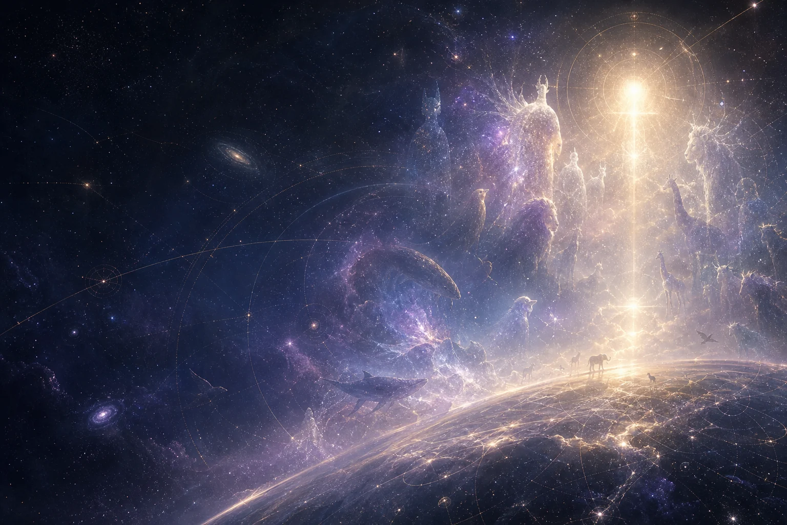 Horizonte cósmico com animais e silhuetas celestes de luz reunidos diante de uma esfera luminosa