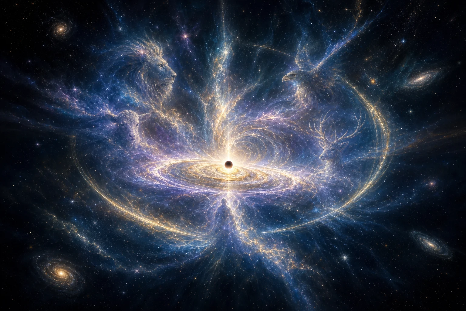 Convergência galáctica em torno de um núcleo escuro, com silhuetas de leão, águia, cordeiro e cervo nas nebulosas