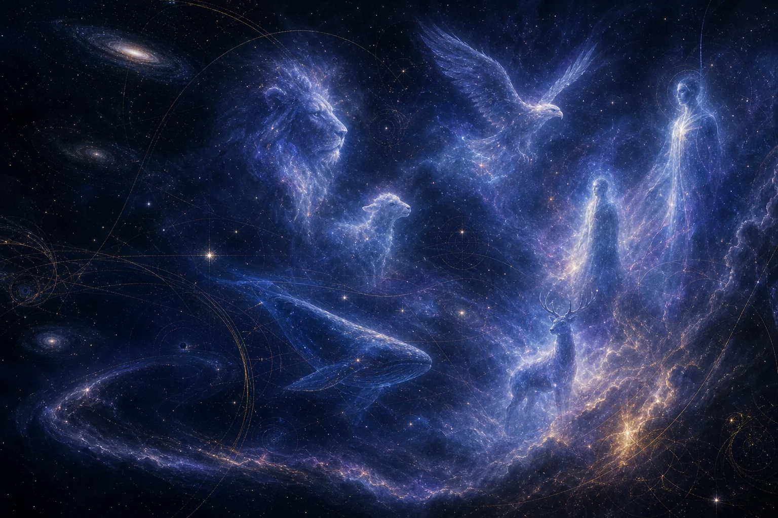 Nebulosa azul-violeta em que silhuetas de leão, cordeiro, águia, cervo e figuras luminosas surgem entre estrelas