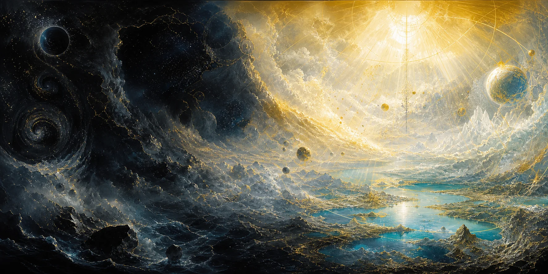 Paisagem cósmica abstrata com luz e estruturas de matéria