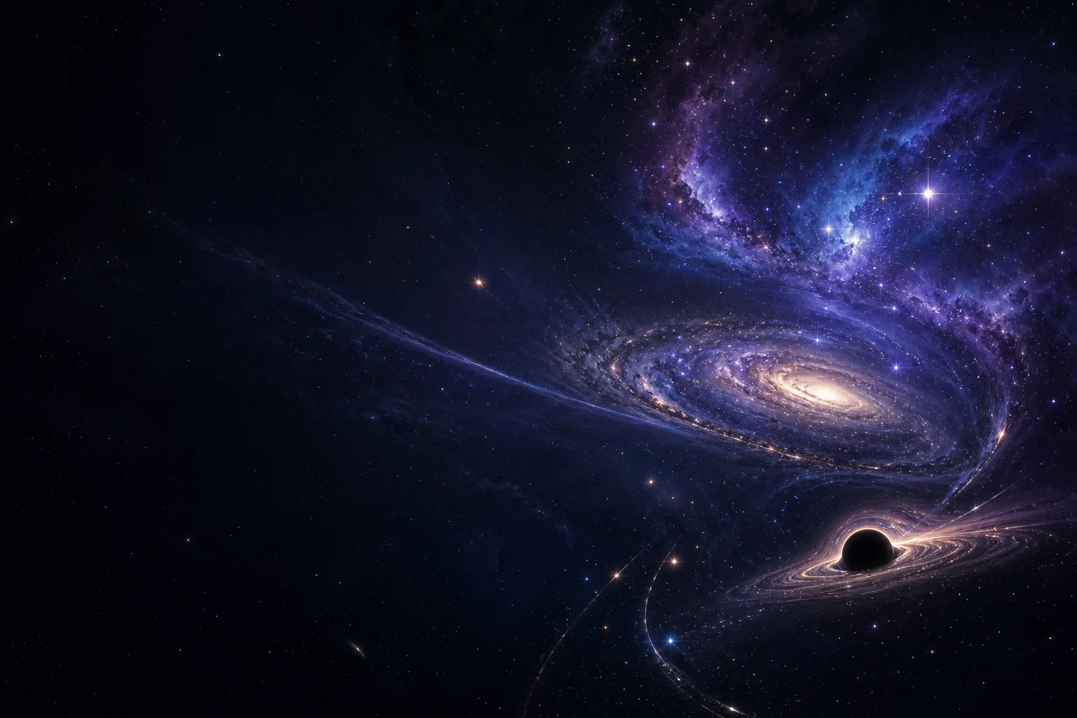 Galáxia espiral, nebulosa azul-violeta e buraco negro com disco de acreção em uma composição cósmica