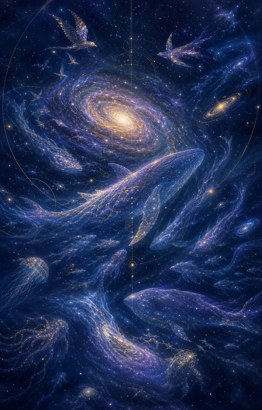 Galáxia espiral como um oceano cósmico, com baleias, peixes e aves formados por luz
