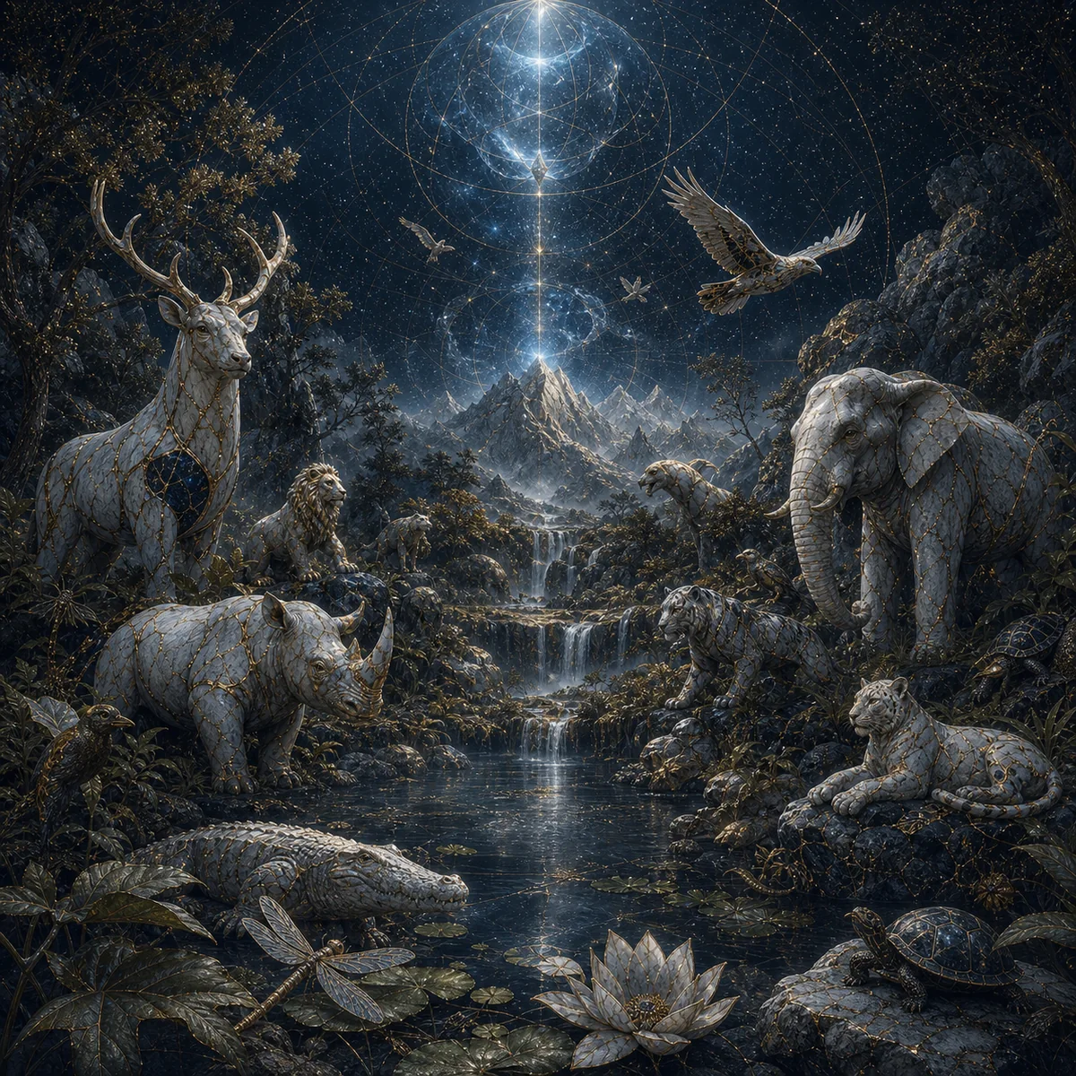 Cervo, elefante, rinoceronte, leão, aves e outros animais junto a águas em um vale luminoso