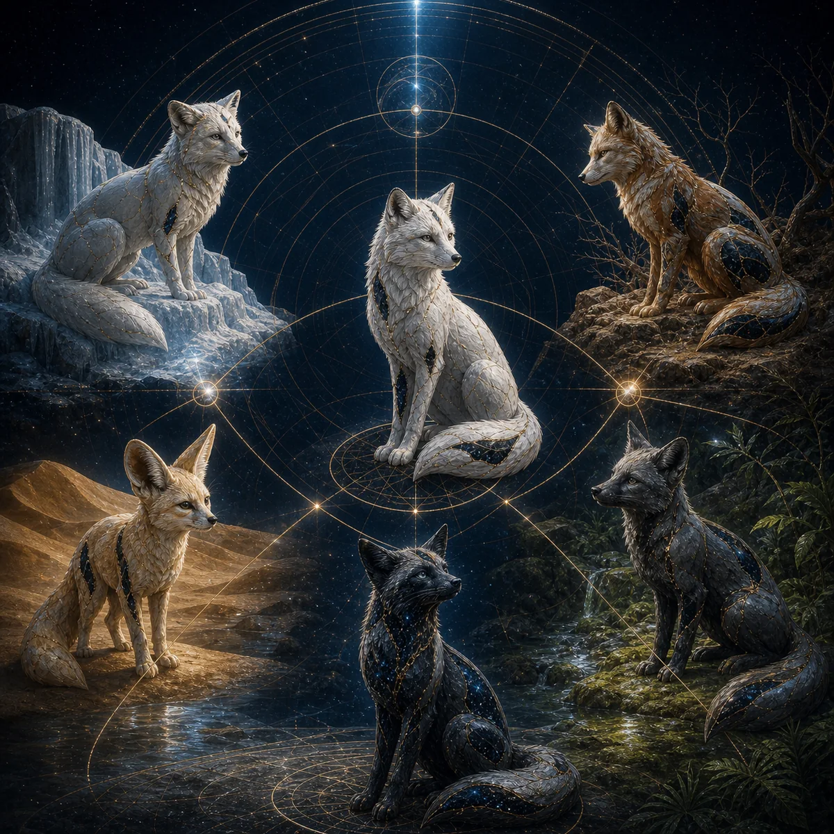 Felinos de várias cores reunidos em cinco paisagens sob uma geometria celeste
