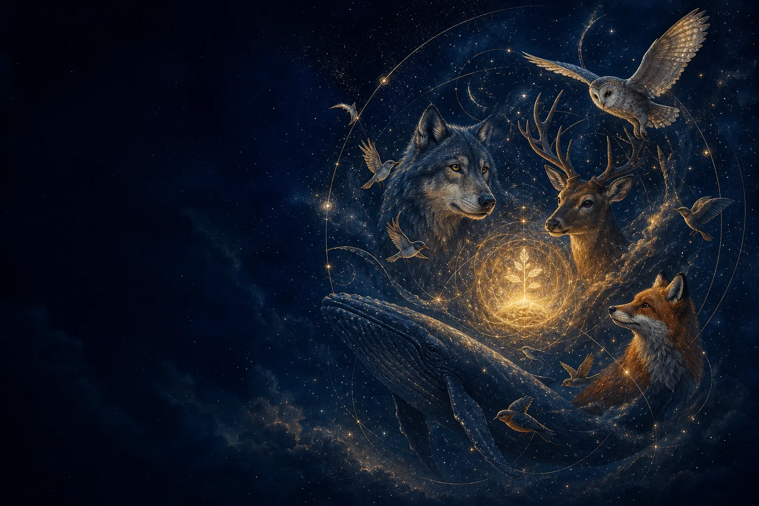 Lobo, cervo, raposa, coruja, baleia e aves reunidos em uma composição celeste de luz dourada