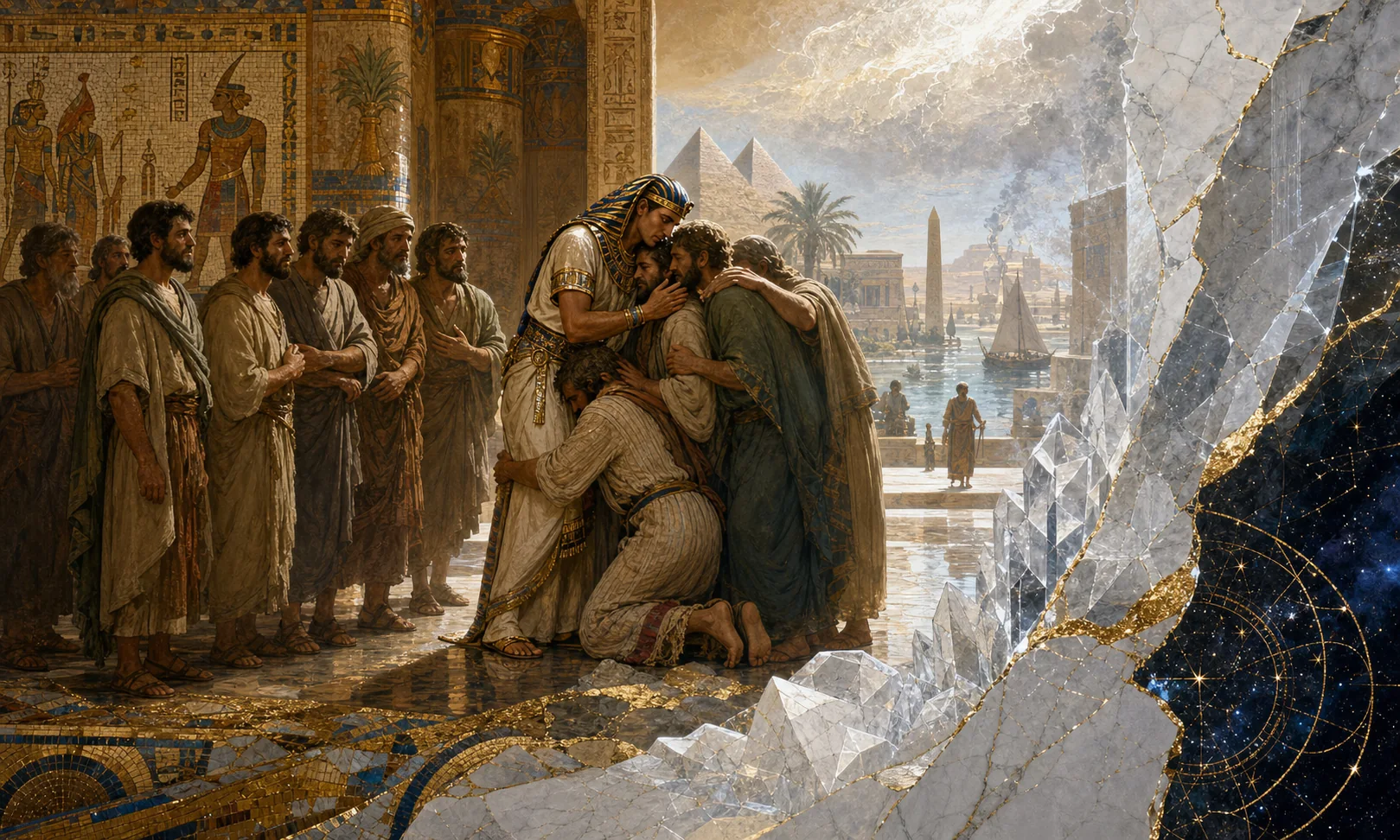 Arte interpretativa de Jesus sentado entre pessoas em uma cena de escuta