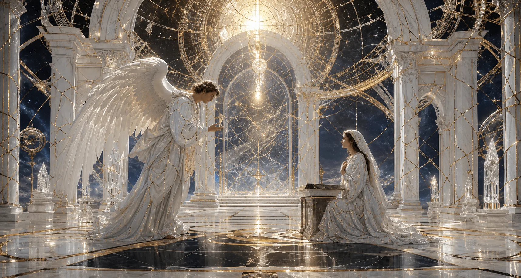 Arte interpretativa de uma figura em luz numa arquitetura celeste