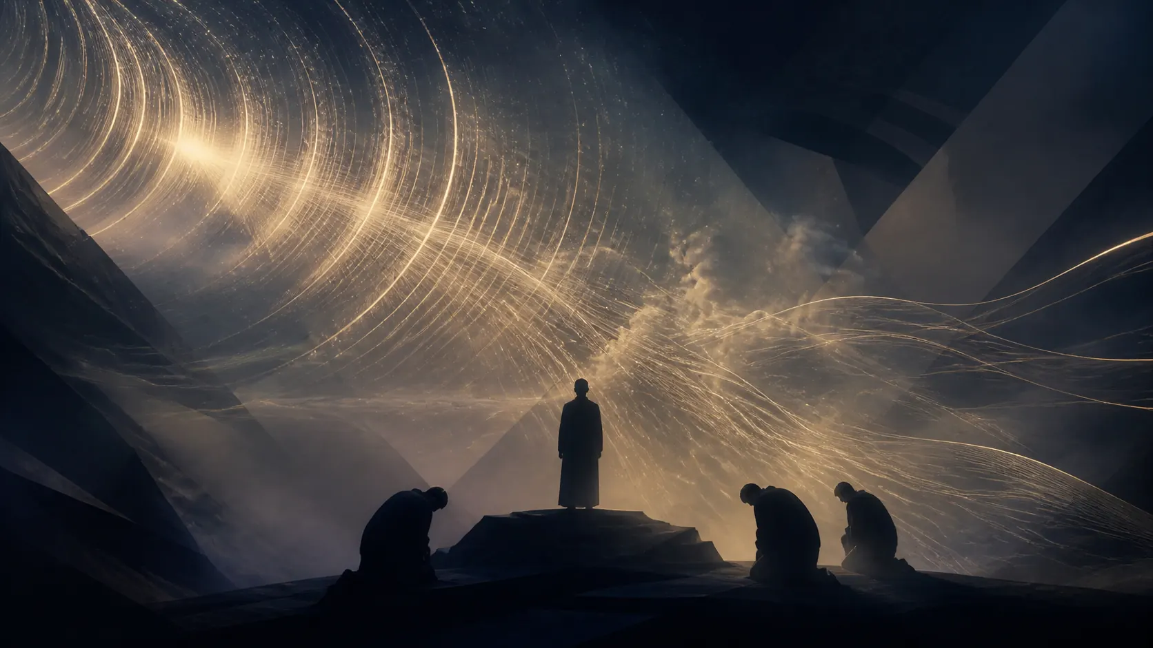 Ondas luminosas atravessam o espaço em direção a três pessoas curvadas, enquanto uma figura permanece imóvel no centro.