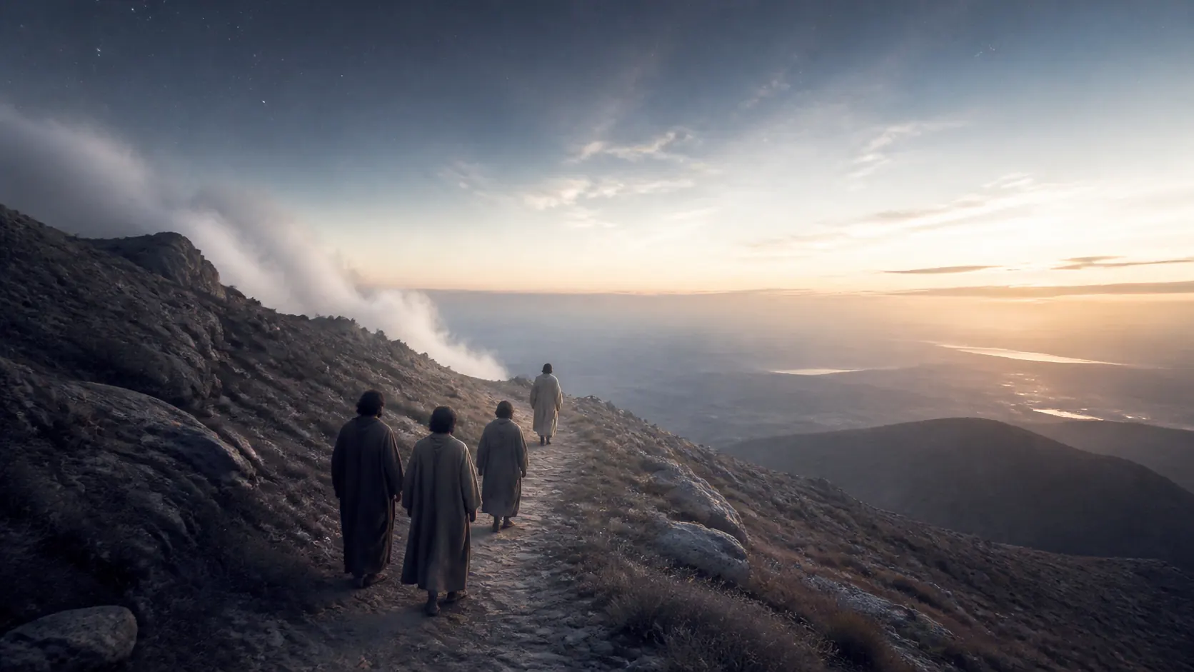 Quatro figuras descem um caminho de montanha ao amanhecer, enquanto a luz extraordinária se dissolve nas pedras e na névoa.